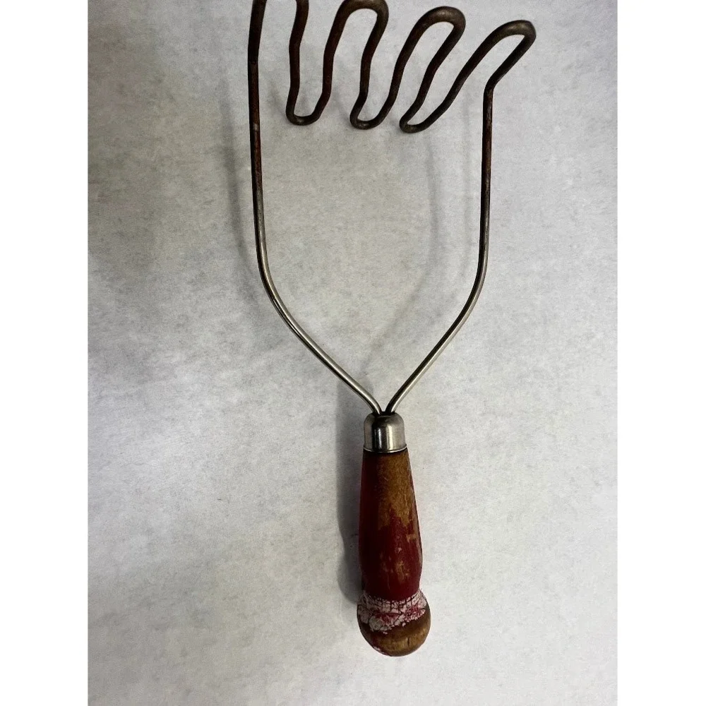 Vintage Potato Masher Wavy Wire Red Wood Handle Rustic Primitive Kitchen Tool